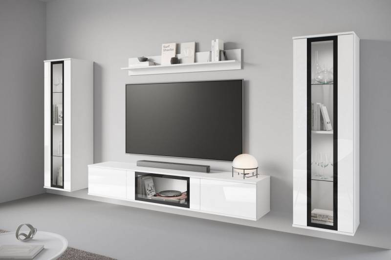 INOSIGN Wohnwand Caro, stehend und hängend montierbar, (Komplett-Set, 4-St., Vitrine Türanschlag links/rechts wechselbar), grifflose Design, höhenverstellbare Einlegeböden von INOSIGN