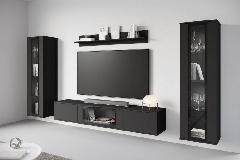 INOSIGN Wohnwand Caro, stehend und hängend montierbar, (Komplett-Set, 4-St., Vitrine Türanschlag links/rechts wechselbar), grifflose Design, höhenverstellbare Einlegeböden von INOSIGN