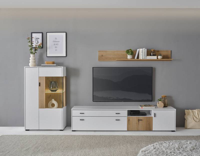 INOSIGN Wohnwand HUDSON, (Set, 3-St), mit moderner Rillenoptik, Griffe aus Metall (Schwarz), Breite 285 cm von INOSIGN
