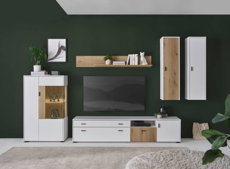 INOSIGN Wohnwand HUDSON, (Set, 5-St), mit moderner Rillenoptik, Griffe aus Metall (Schwarz), Breite 328 cm von INOSIGN