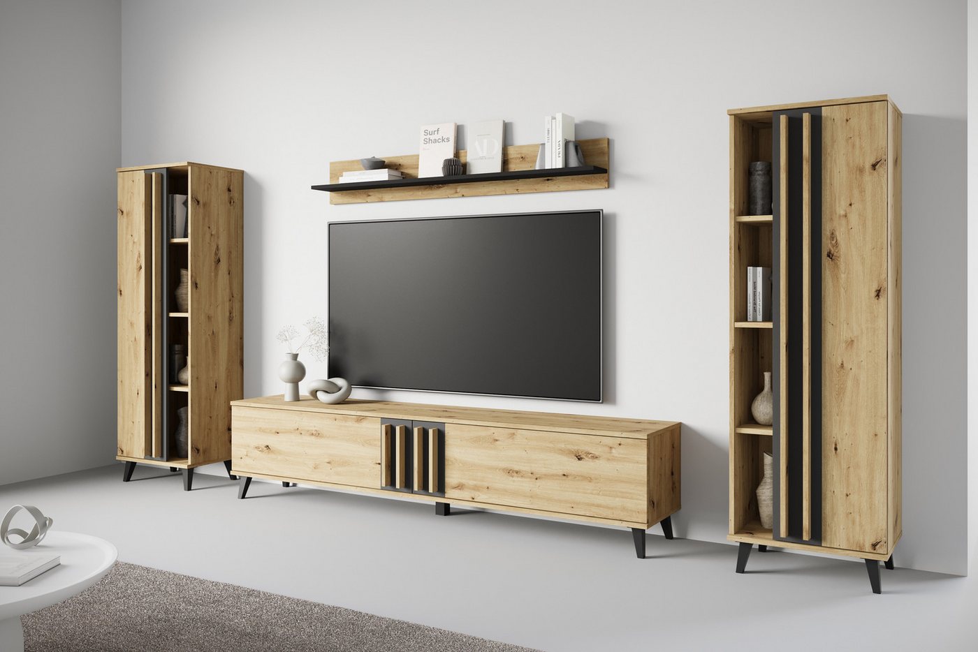 INOSIGN Wohnwand Helsinki, Modernes Möbelset, (Komplett-Set, 4-St), mit lamellengriffen, verstellbaren Einlegeböden und Kunststofffüßen von INOSIGN