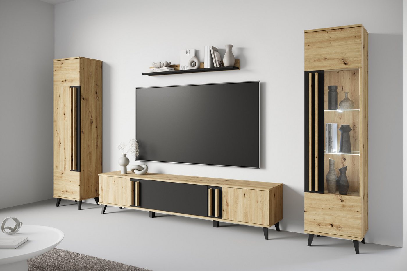 INOSIGN Wohnwand Helsinki, Modernes Set mit verglaster Vitrine, (Komplett-Set, 4-St), mit lamellengriffen, verstellbaren Einlegeböden und Kunststofffüßen von INOSIGN