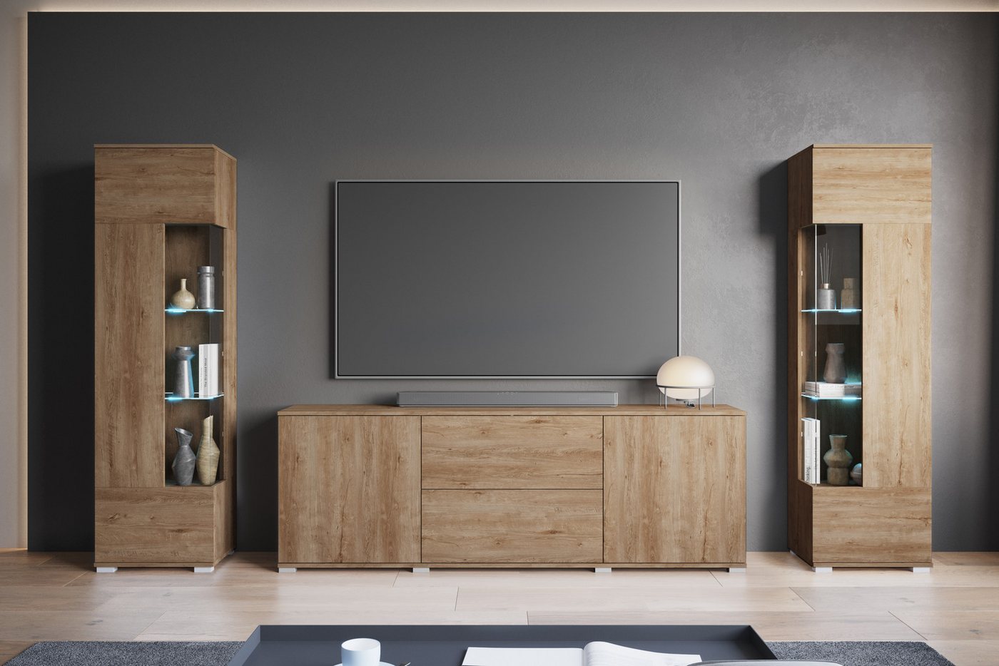 INOSIGN Wohnwand KENIA, (Komplett-Set, 3-St), Vitrinen mit Eckverglasung, hängend und stehend montierbar von INOSIGN