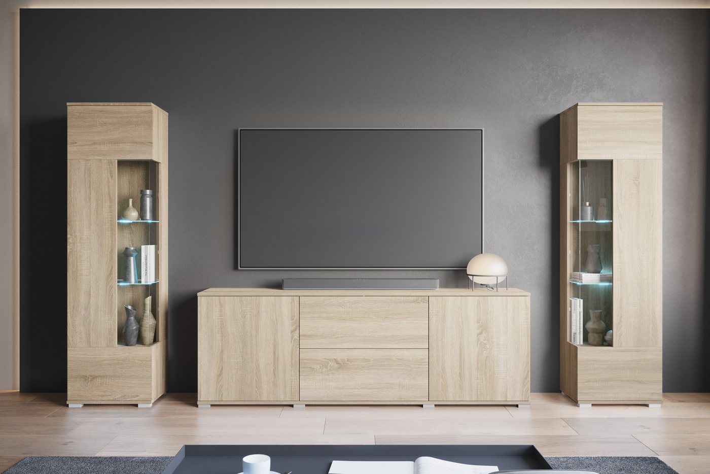 INOSIGN Wohnwand KENIA, (Komplett-Set, 3-St), Vitrinen mit Eckverglasung, hängend und stehend montierbar von INOSIGN