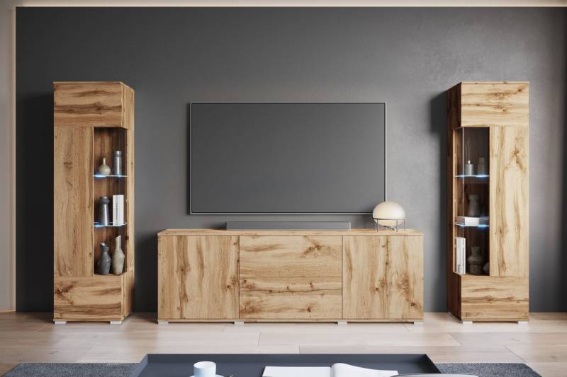 INOSIGN Wohnwand KENIA, (Komplett-Set, 3-St), Vitrinen mit Eckverglasung, hängend und stehend montierbar von INOSIGN