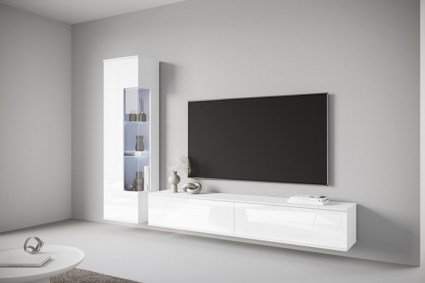 INOSIGN Wohnwand Kenia, Vitrine Türanschlag links/rechts wechselbar, (Komplett-Set, 2-St), Vitrine mit Eckverglasung, hängend und stehend montierbar von INOSIGN