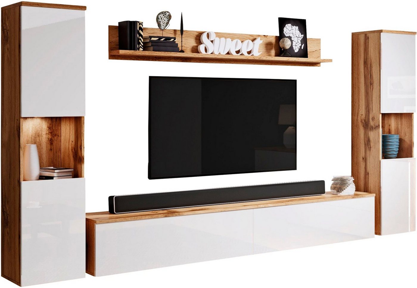 INOSIGN Wohnwand PARIS, Vitrine Türanschlag links/rechts wechselbar, (Komplett-Set, 4-St), grifflose Design, stehend und hängend montierbar von INOSIGN
