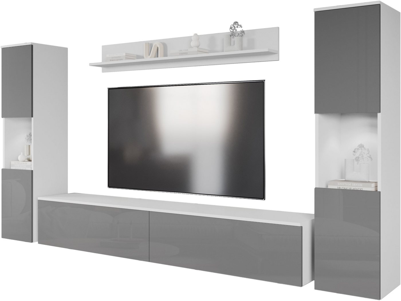 INOSIGN Wohnwand PARIS, Vitrine Türanschlag links/rechts wechselbar, (Komplett-Set, 4-St), grifflose Design, stehend und hängend montierbar von INOSIGN