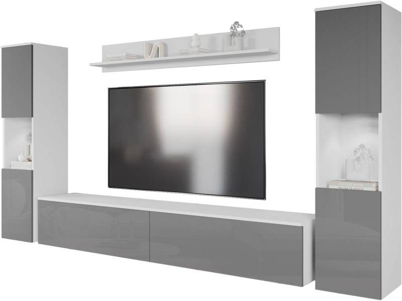 INOSIGN Wohnwand PARIS, Vitrine Türanschlag links/rechts wechselbar, (Komplett-Set, 4-St), grifflose Design, stehend und hängend montierbar von INOSIGN