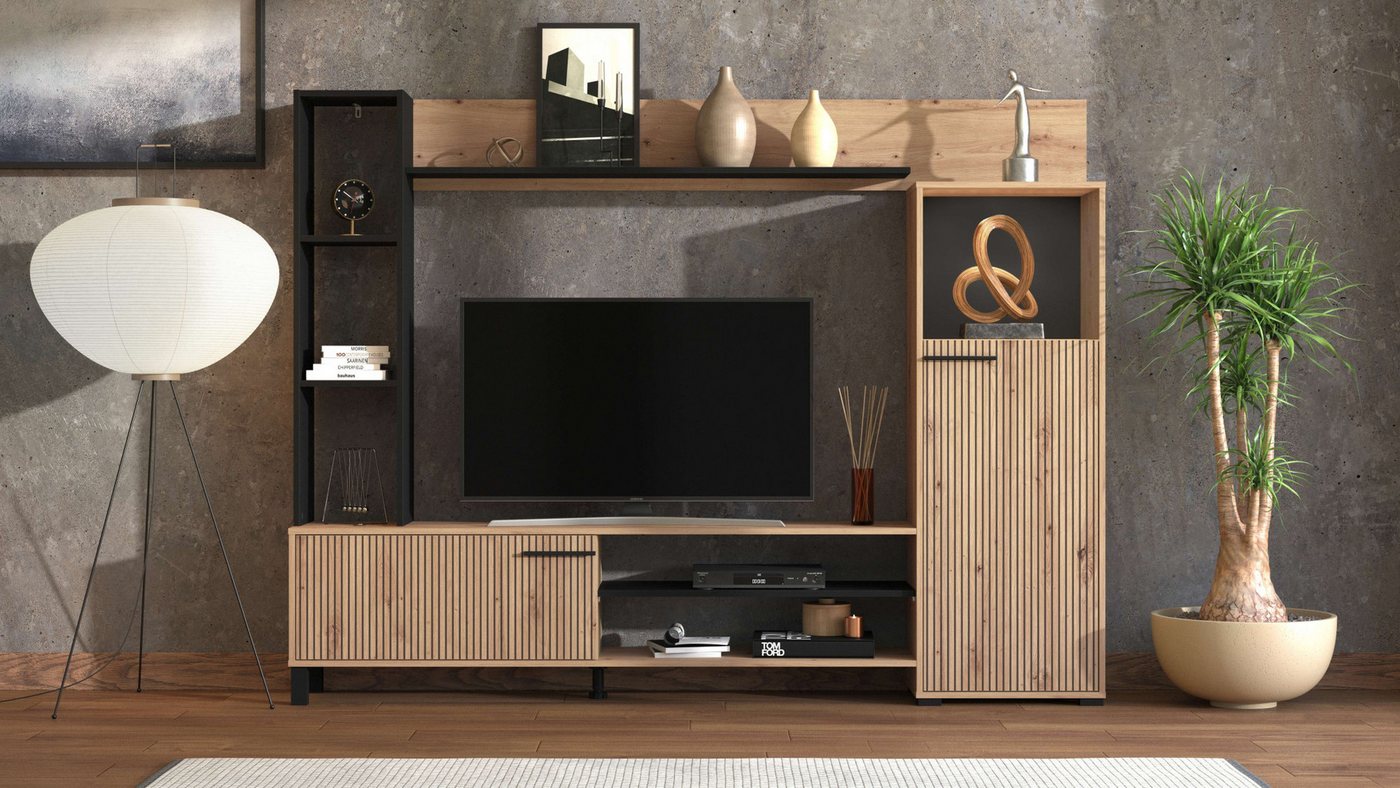 INOSIGN Wohnwand Retimno, inkl. Highboard, TV-Board, Standregal und Wandregal, (Komplett-Set, 4-St), 208 cm, Trendfarben, mit dekorativen schwarzen Streifen, TV bis 58' von INOSIGN