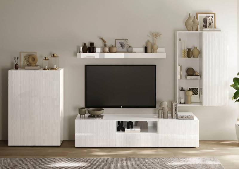 INOSIGN Wohnwand Rio, 4tlg. Breite 300 cm, modernes, elegantes Wohnzimmer-Set, (4-St), (Lowboard, Highboard, Hängevitrine, Wandboard), MDF-Fronten geriffelt von INOSIGN