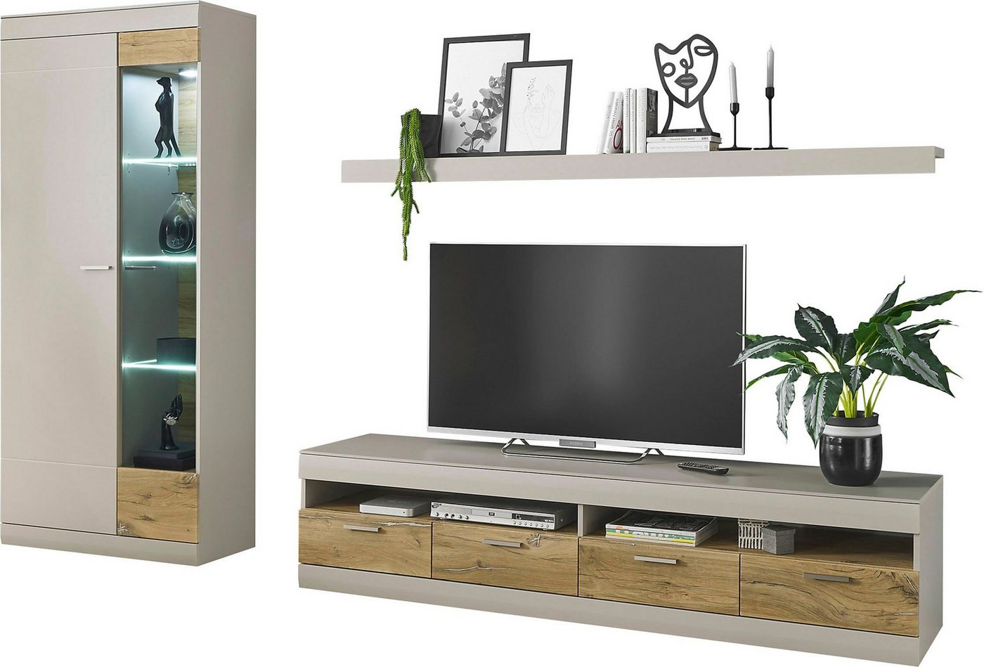 INOSIGN Wohnwand SCARA, (3-St), trendige Farbe mit Applikation Zinneiche Dekor, mit Softclose-Funktion von INOSIGN