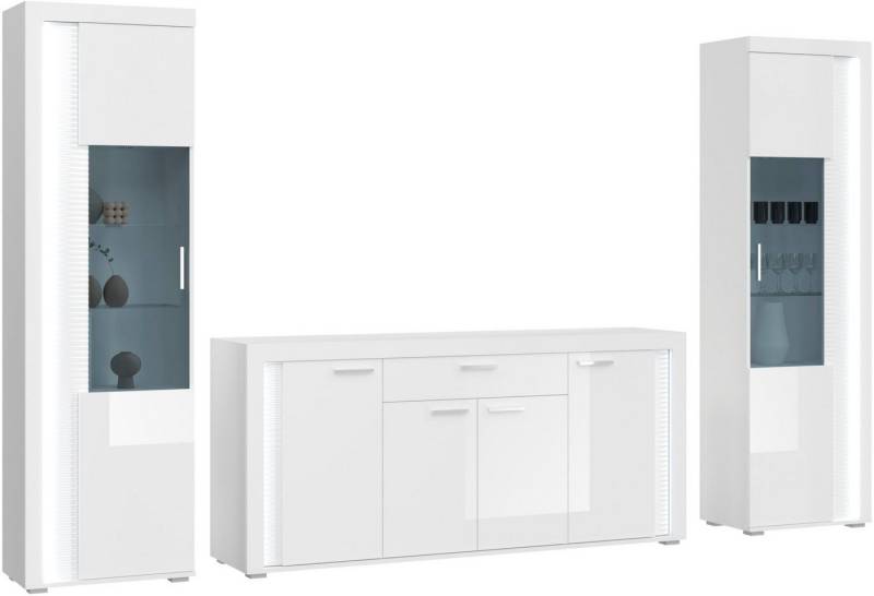 INOSIGN Wohnwand Viborg, 3-teiliges Set, inkl. vertikaler Frontbeleuchtung, best. aus:, (3-St), 2x Vitrine und Sideboard, Wohnkombination, Wohnzimmer-Set, Esszimmer von INOSIGN