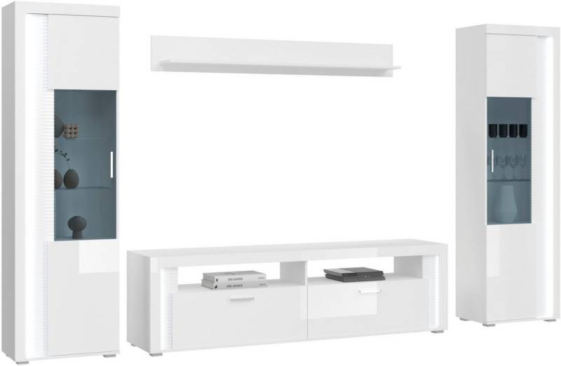 INOSIGN Wohnwand Viborg, 4-teiliges Set, inkl. vertikaler Frontbeleuchtung, best. aus:, (4-St), 2x Vitrine, 1 Lowboard & 1x Wandboard, Wohnkombination, Wohn-Set von INOSIGN