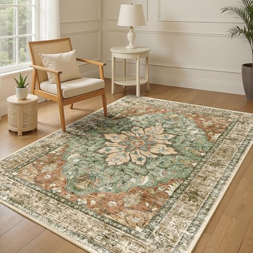 INOVADAY Vintage Waschbarer Teppich Wohnzimmer 150x210 cm Boho Kurzflor rutschfest Teppich Weich Teppiche mit Druckmuster für Schlafzimmer, Esszimmer, Ziegel/Braun/Grün INOVADAY Vintage Waschbarer Teppich Wohnzimmer 150x210 cm Boho Kurzflor rutschfest Teppich Weich Teppiche mit Druckmuster für Schlafzimmer, Esszimmer, Ziegel/Braun/Grün von INOVADAY