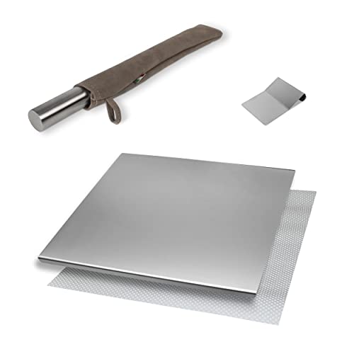 INOXLM BOX 3 STÜCK Schneidebrett Edelstahl + Teigschaber + Nudelholz edelstahl, Edelstahl Arbeitsplatte verschiedene Größen für Küche Bar Restaurant | knetbrett Made in Italy (80x50 cm, Taupe) von INOXLM