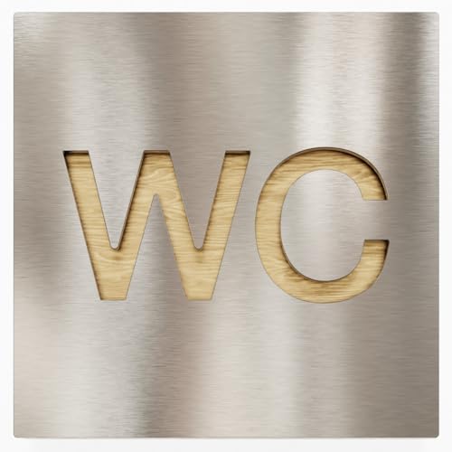 Edelstahl WC-Schild mit Holz - selbstklebend & pflegeleicht - Design Toiletten-Schild W-01-E-HE von INOXSIGN