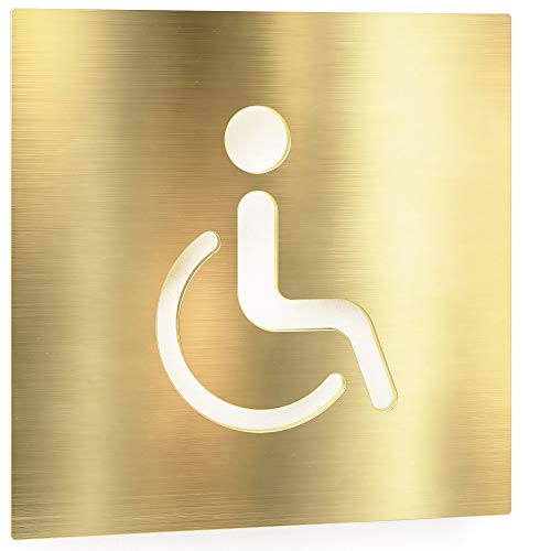 Messing WC-Schild - selbstklebend & matt gebürstet - Design Toiletten-Schild - Rollstuhl-Fahrer Piktogramm B-06-M von INOXSIGN