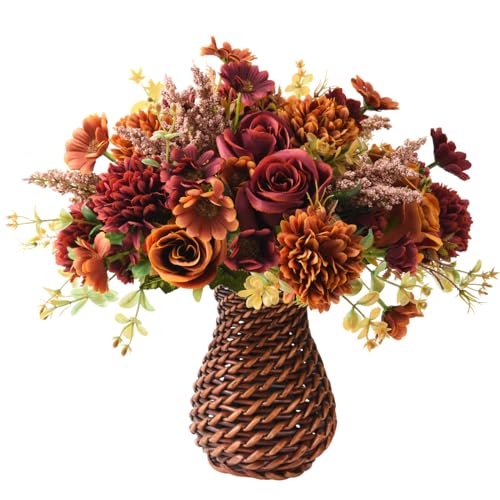 INQCMY Künstliche Blumen mit Vase, Seidenblumenarrangements, künstliche Rosensträuße in handgefertigter Rattan-Vase für Zuhause, Büro, Tisch, Küche, Schreibtisch, Esszimmer, Dekoration (braun) von INQCMY