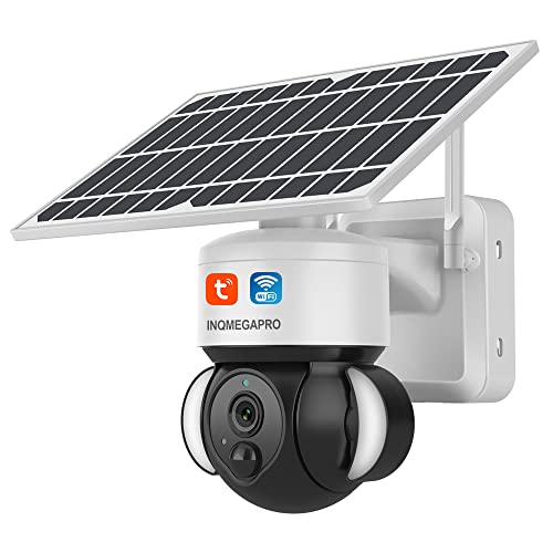 INQMEGAPRO FlutlichtKamera Outdoor WLAN Überwachungkamera mit Solarpanel und Akku,1080P Überwachungskamera Aussen mit PIR Bewegungsmelder,Nachtsicht in Farbe, 2-Wege-Audio,TUYA/Smart Life Kamera von INQMEGAPRO