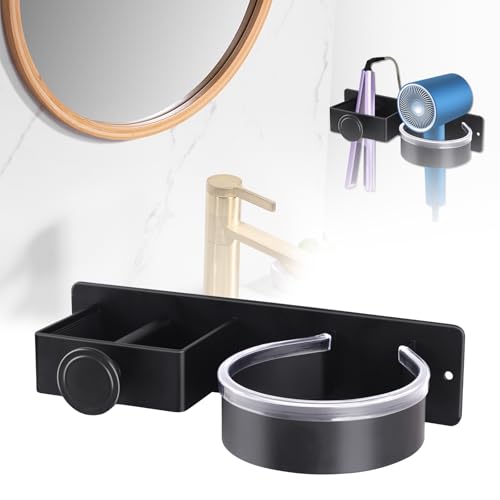 Fönhalter Ohne Bohren Schwarz, Glätteisen Halterung, Föhn Halterung für Föhn und Glätteisen, Föhnhalter Wand, Haartrockner Halterung Edelstahl Fönhalterung Haartrocknerhalter für Bad（Schwarz） von INQUIRLLY