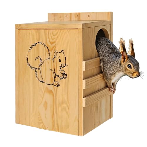 INRLKIT Premium Holz Eichhörnchen Haus - Hängend Streifenhörnchen Eichhörnchen Haus für Außen mit Außenveranda, Holz Nistkasten Eichhörnchen Futterstation für Streifenhörnchen Vögel Tauben Wildtiere von INRLKIT