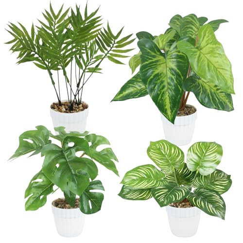 INSANYJ 4er Set Kunstpflanze, Künstliche Pflanzen wie Echt in Weißen Blumentopf, Monstera & Kunstpalme (25cm) Fake Pflanzen Deko für Wohnzimmer, Schlafzimmer, Badezimmer, Tischdeko von INSANYJ
