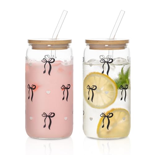 INSETLAN 2 Stück Gläser mit Deckel und Strohhalm, 500ml Aesthetic Bow Glasbecher mit Deckel und Strohhalm, Ideal für Matcha, Eiskaffee, Smoothies und Kaffee von INSETLAN