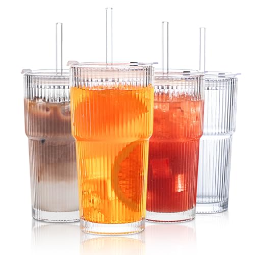 INSETLAN 4 Stück 600ml Gerippte Glasbecher mit Deckel und Strohhalm, dickwandige und robuste Smoothie Becher aus hochwertigem Glas, luftdichtes und wasserdichtes Design, ideal als Kaffee (4) von INSETLAN
