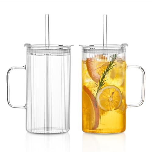 INSETLAN 760ml Große Gerippte Glasbecher mit Henkel und Deckel – 2er Set, Klare Glasbecher mit Wiederverwendbaren Strohhalmen, Vertikale Streifen-Design – Perfekt für Eiskaffee, Tee, Smoothies von INSETLAN