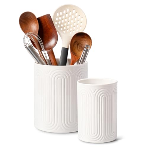 INSETLAN Keramik Küchenutensilienhalter 2er Set, Utensilienhalter für Arbeitsplatte mit Bogen-Design zur Aufbewahrung von Besteck Kochlöffeln und Küchenzubehör von INSETLAN