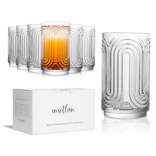 INSETLAN Trinkgläser Set Art Deco | 415ml (14 oz) 6er Set Highball Gläser | Cocktailgläser mit dickem Boden | Für Eiskaffee, Wasser, Cocktails | Longdrinkgläser, Kaffeegläser | Spülmaschinenfest von INSETLAN