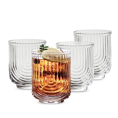 INSETLAN Vintage Art Deco Longdrinkgläser | 4er Set | Cocktail Gläser Set, Geriffelte Gläser, Eiskaffee Gläser mit Strohhalm, Wassergläser, für Cocktailgläser, Mojito, Whiskey von INSETLAN