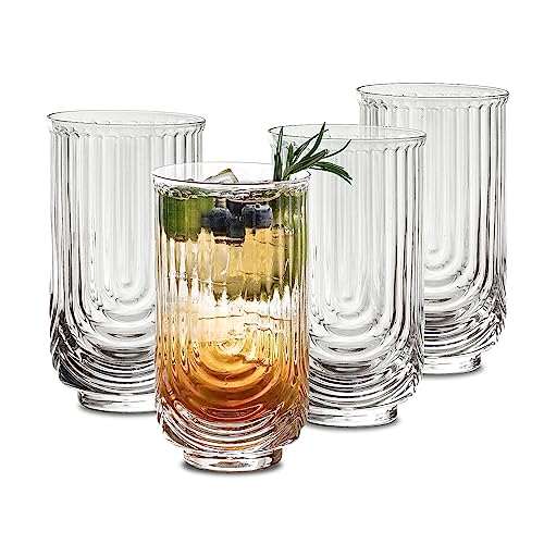 INSETLAN Vintage Art Deco Highball Longdrinkgläser | 4er Set | Cocktail Gläser Set, Geriffelte Gläser, Eiskaffee Gläser mit Strohhalm, Wassergläser, für Cocktailgläser, Mojito, Soda von INSETLAN