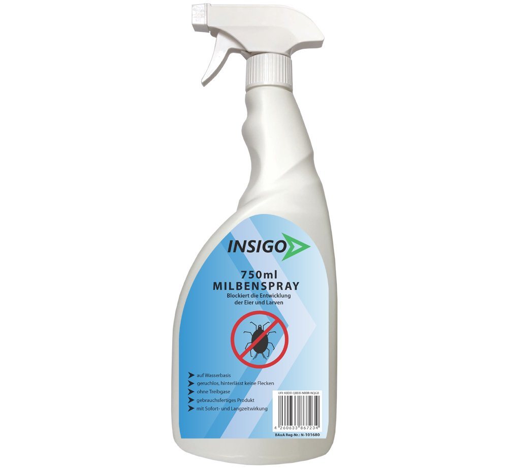 INSIGO Insektenspray Anti Milben-Spray Milben-Mittel Ungezieferspray, 0.75 l, auf Wasserbasis, geruchsarm, brennt / ätzt nicht, mit Langzeitwirkung von INSIGO