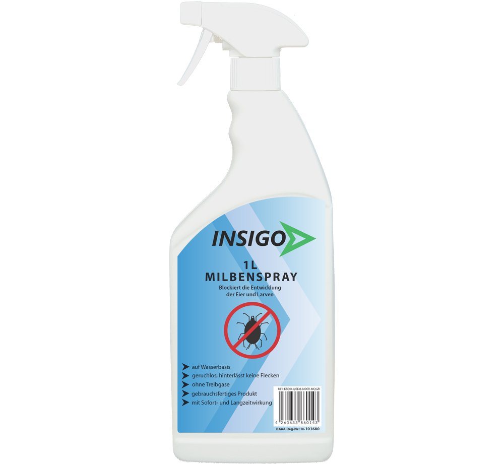 INSIGO Insektenspray Anti Milben-Spray Milben-Mittel Ungezieferspray, 1 l, auf Wasserbasis, geruchsarm, brennt / ätzt nicht, mit Langzeitwirkung von INSIGO