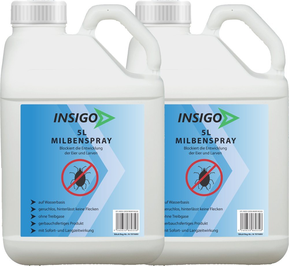 INSIGO Insektenspray Anti Milben-Spray Milben-Mittel Ungezieferspray, 10 l, auf Wasserbasis, geruchsarm, brennt / ätzt nicht, mit Langzeitwirkung von INSIGO