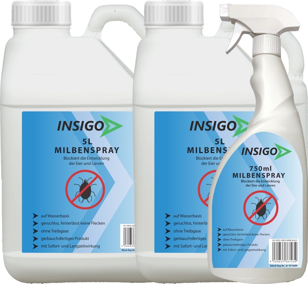 INSIGO Insektenspray Anti Milben-Spray Milben-Mittel Ungezieferspray, 10.75 l, auf Wasserbasis, geruchsarm, brennt / ätzt nicht, mit Langzeitwirkung von INSIGO