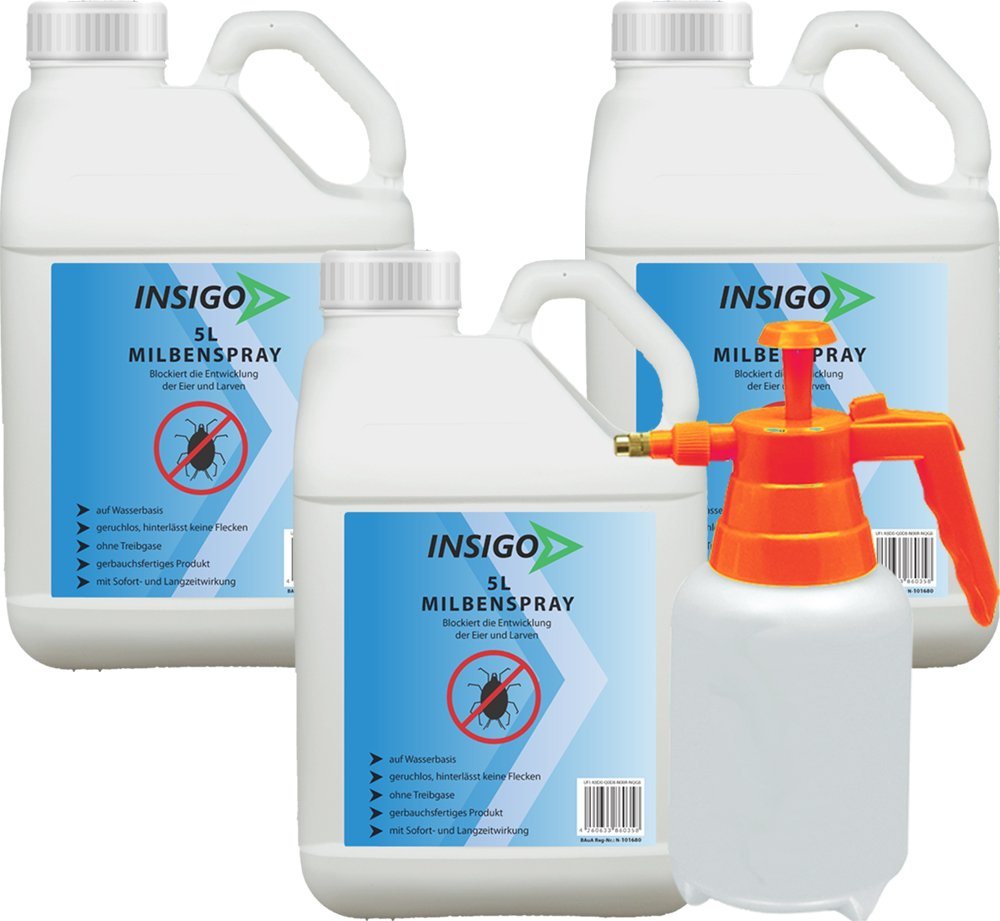 INSIGO Insektenspray Anti Milben-Spray Milben-Mittel Ungezieferspray, 15 l, auf Wasserbasis, geruchsarm, brennt / ätzt nicht, mit Langzeitwirkung von INSIGO