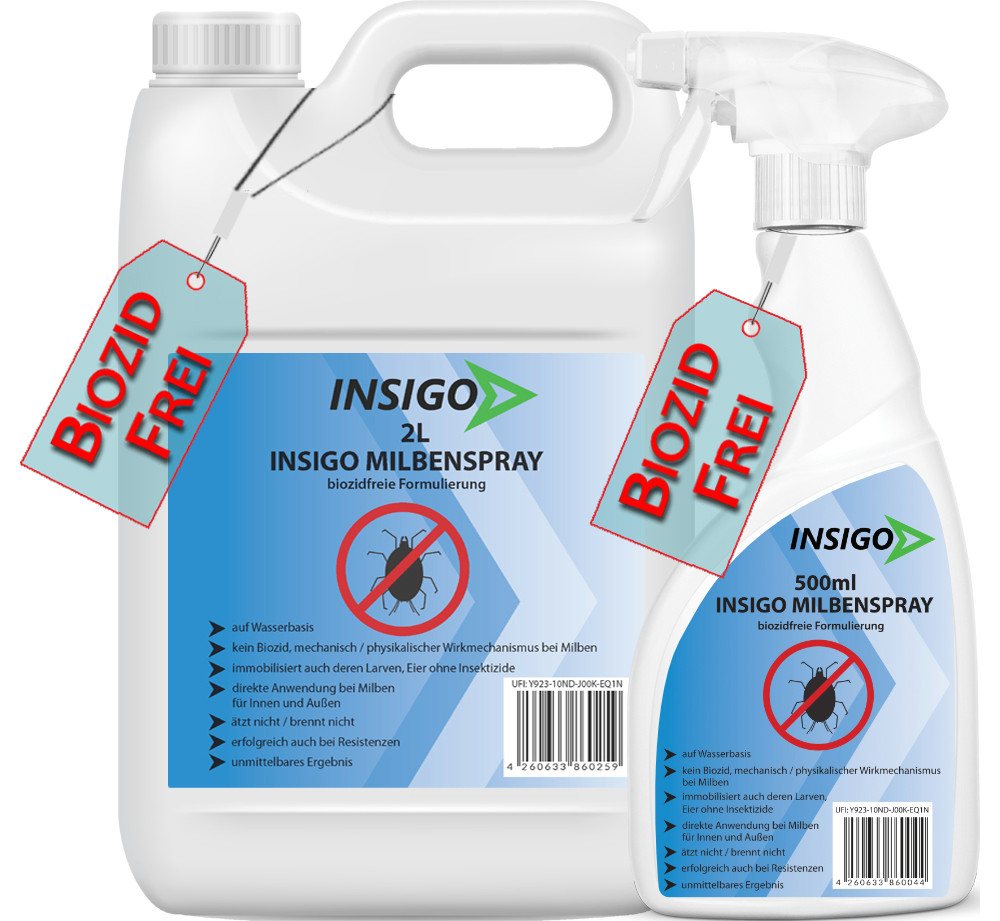INSIGO Insektenspray Anti Milben-Spray Milben-Mittel Ungezieferspray, 2.5 l, biozidfreie Formel, auf Wasserbasis, geruchsarm, brennt / ätzt nicht von INSIGO