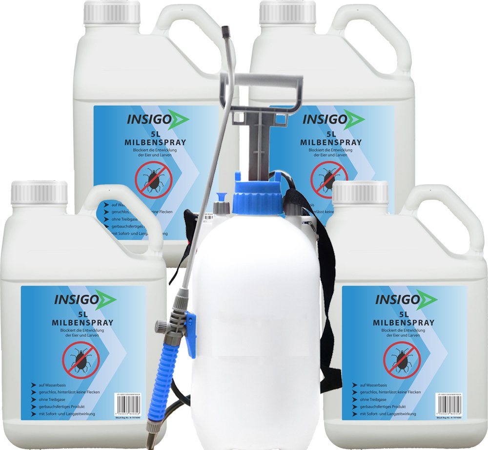 INSIGO Insektenspray Anti Milben-Spray Milben-Mittel Ungezieferspray, 20 l, auf Wasserbasis, geruchsarm, brennt / ätzt nicht, mit Langzeitwirkung von INSIGO