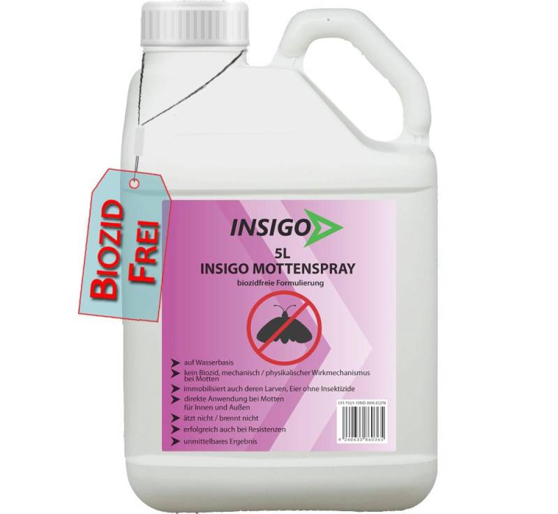 INSIGO Insektenspray Mottenspray, Motten Bekämpfung, 5 l, biozidfreie Formel, auf Wasserbasis, geruchsarm, brennt / ätzt nicht von INSIGO