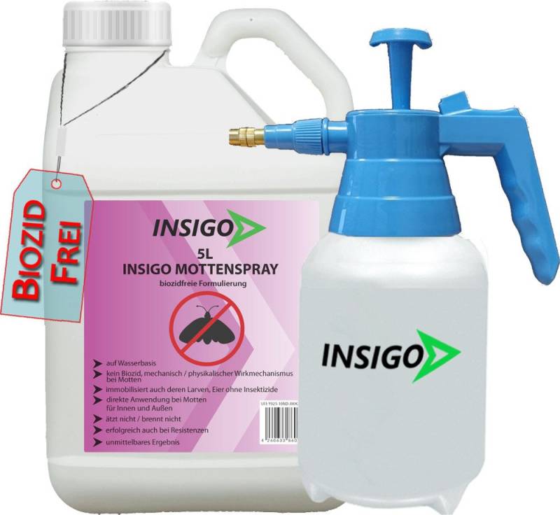 INSIGO Insektenspray Mottenspray, Motten Bekämpfung, 5 l, biozidfreie Formel, auf Wasserbasis, geruchsarm, brennt / ätzt nicht von INSIGO