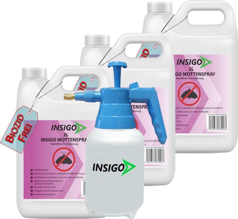 INSIGO Insektenspray Mottenspray, Motten Bekämpfung, 6 l, biozidfreie Formel, auf Wasserbasis, geruchsarm, brennt / ätzt nicht von INSIGO