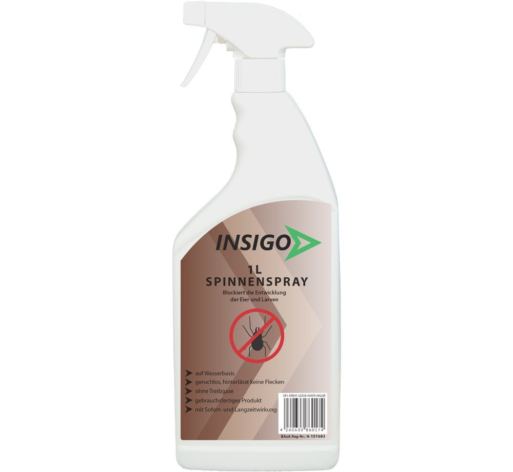 INSIGO Insektenspray Spinnen-Spray Hochwirksam gegen Spinnen, 1 l, auf Wasserbasis, geruchsarm, brennt / ätzt nicht, mit Langzeitwirkung von INSIGO