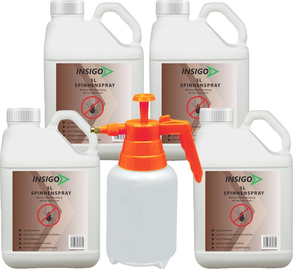 INSIGO Insektenspray Spinnen-Spray Hochwirksam gegen Spinnen, 20 l, auf Wasserbasis, geruchsarm, brennt / ätzt nicht, mit Langzeitwirkung von INSIGO
