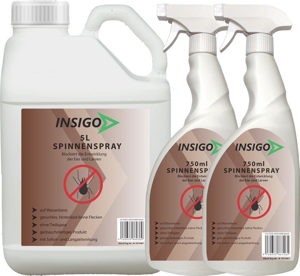 INSIGO Insektenspray Spinnen-Spray Hochwirksam gegen Spinnen, 6.5 l, auf Wasserbasis, geruchsarm, brennt / ätzt nicht, mit Langzeitwirkung von INSIGO