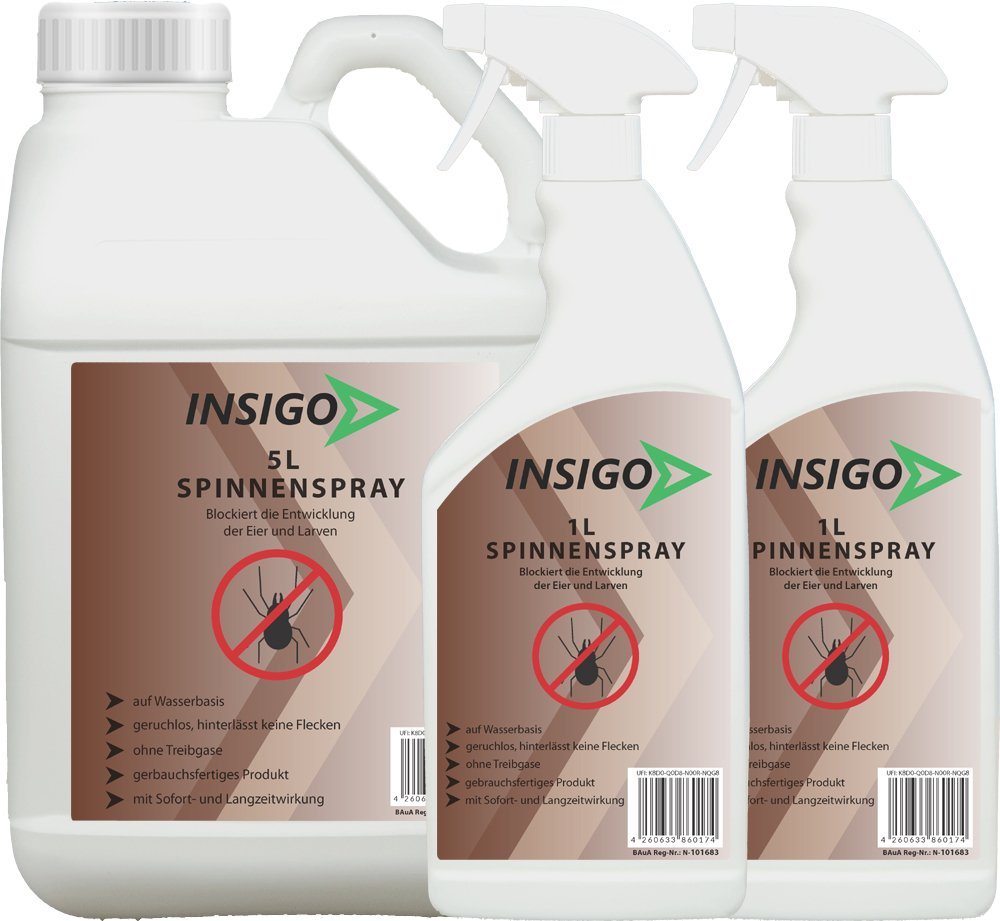 INSIGO Insektenspray Spinnen-Spray Hochwirksam gegen Spinnen, 7 l, auf Wasserbasis, geruchsarm, brennt / ätzt nicht, mit Langzeitwirkung von INSIGO