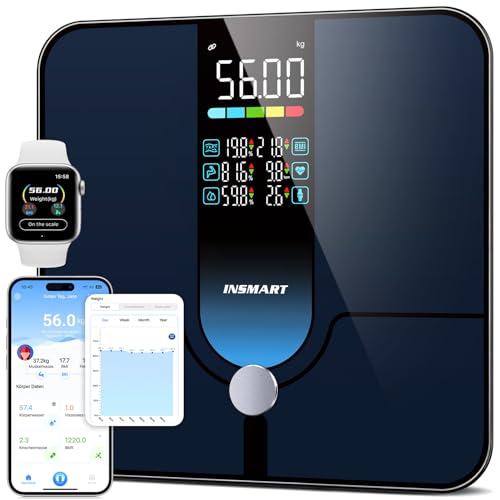INSMART Smart scale, 227KG/500lb 30x30cm Personenwaage Digital, Körperfettwaage mit APP/Bluetooth/Vollflächiger Sensor, 18 Messdaten für BMI, Gewicht, Körperfett, Herzfrequenz, Muskelmasse von INSMART