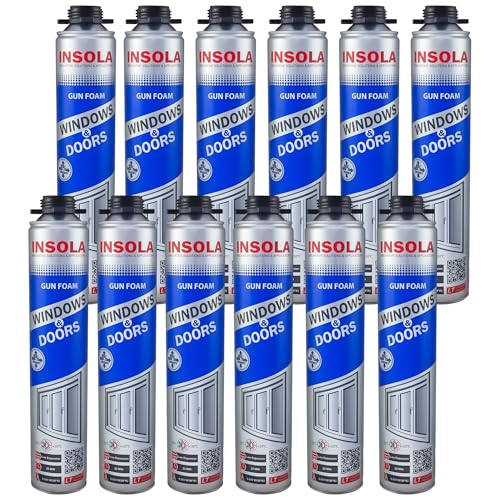 Bauschaum 1 x 750ml Pistollenschaum PU-Schaum Montageschaum INSOLA Windows & Doors Isolierschaum für Fenster Türen Fugen Abdichtung Wärmeisolierung Innen Außen Bau (12, 750, Dose) von INSOLA